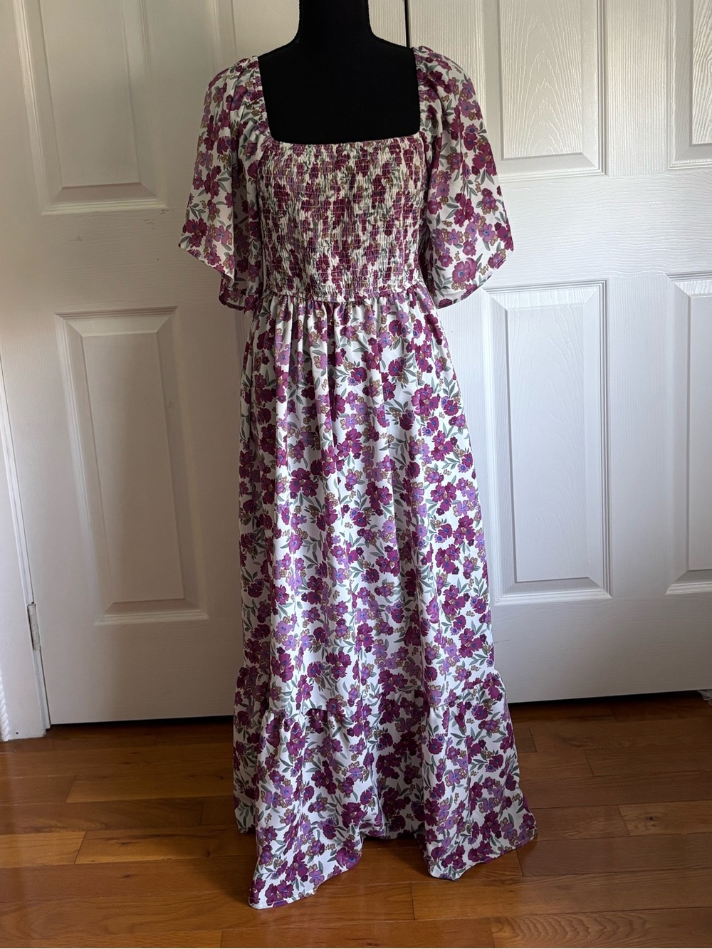 NWT Floral Square-Neck Maxi Dress in Purple & White